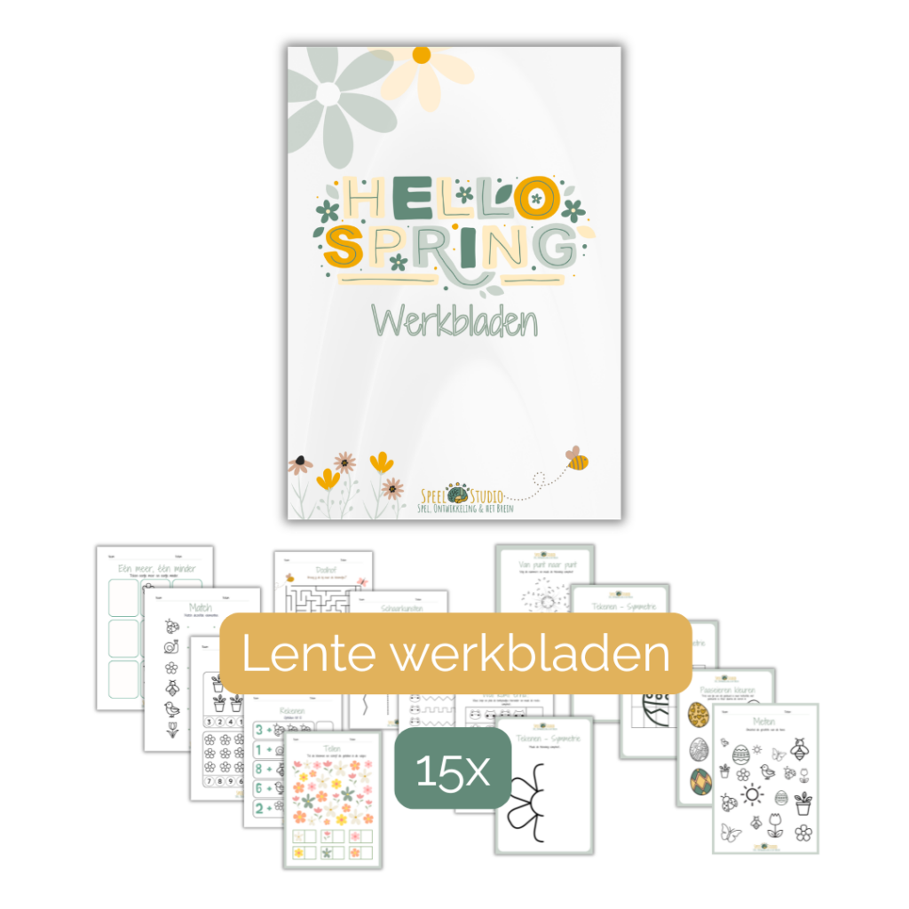 Lentewerkbladen voor kinderen met telopdrachten, symmetrie tekenen, doolhof, knipactiviteit en punt-naar-punt oefeningen.